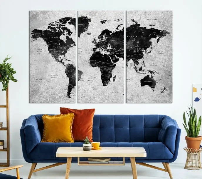 The Eye-Catching Black Push Pin World Map Wall Art Travel Map Canvas Print adorns the wall, bringing gallery-wrapped elegance to your living space.