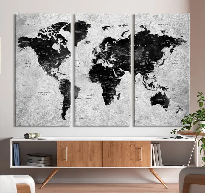 The Eye-Catching Black Push Pin World Map Wall Art Travel Map Canvas Print adorns the wall, bringing gallery-wrapped elegance to your living space.