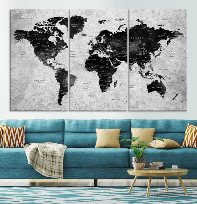 The Eye-Catching Black Push Pin World Map Wall Art Travel Map Canvas Print adorns the wall, bringing gallery-wrapped elegance to your living space.