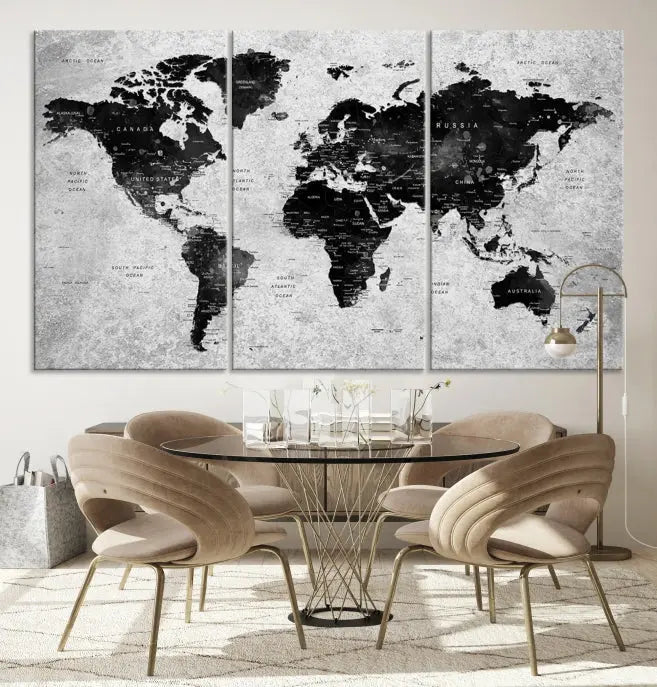 The Eye-Catching Black Push Pin World Map Wall Art Travel Map Canvas Print adorns the wall, bringing gallery-wrapped elegance to your living space.