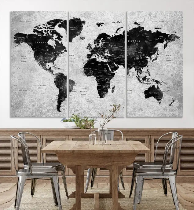 The Eye-Catching Black Push Pin World Map Wall Art Travel Map Canvas Print adorns the wall, bringing gallery-wrapped elegance to your living space.