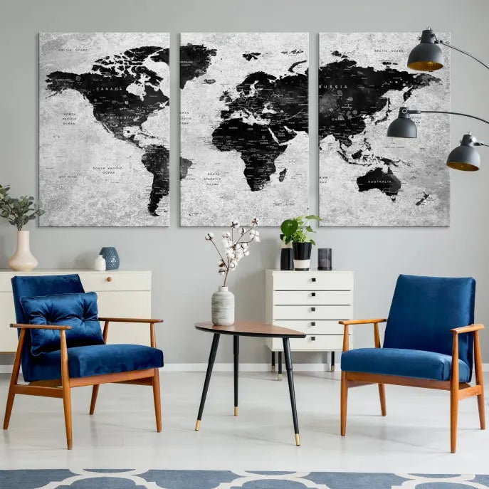 The Eye-Catching Black Push Pin World Map Wall Art Travel Map Canvas Print adorns the wall, bringing gallery-wrapped elegance to your living space.