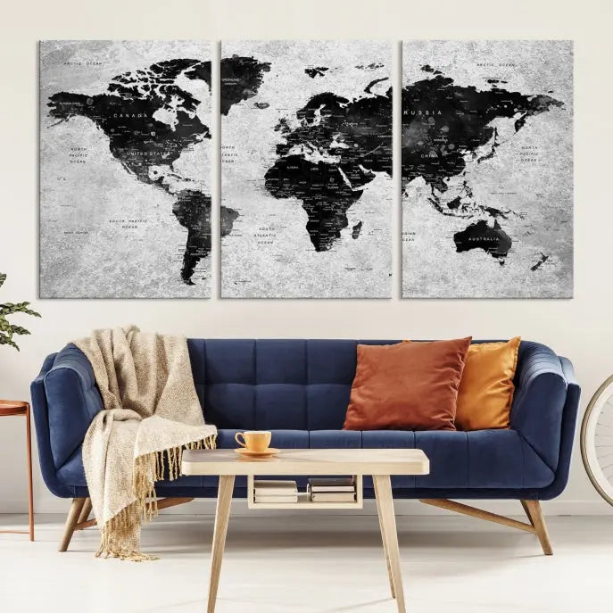 The Eye-Catching Black Push Pin World Map Wall Art Travel Map Canvas Print adorns the wall, bringing gallery-wrapped elegance to your living space.