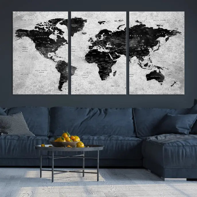 The Eye-Catching Black Push Pin World Map Wall Art Travel Map Canvas Print adorns the wall, bringing gallery-wrapped elegance to your living space.