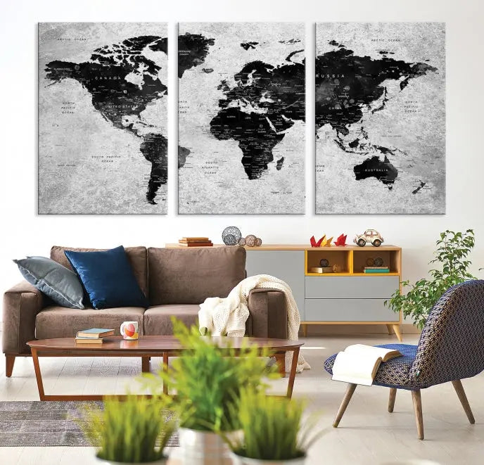 The Eye-Catching Black Push Pin World Map Wall Art Travel Map Canvas Print adorns the wall, bringing gallery-wrapped elegance to your living space.