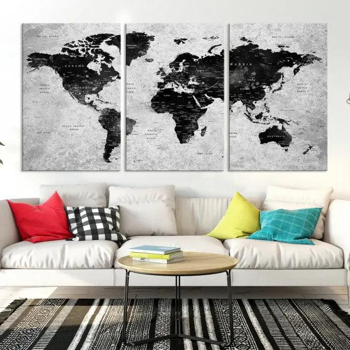 The Eye-Catching Black Push Pin World Map Wall Art Travel Map Canvas Print adorns the wall, bringing gallery-wrapped elegance to your living space.