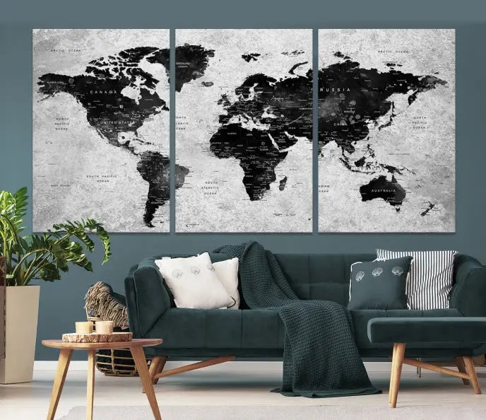 The Eye-Catching Black Push Pin World Map Wall Art Travel Map Canvas Print adorns the wall, bringing gallery-wrapped elegance to your living space.