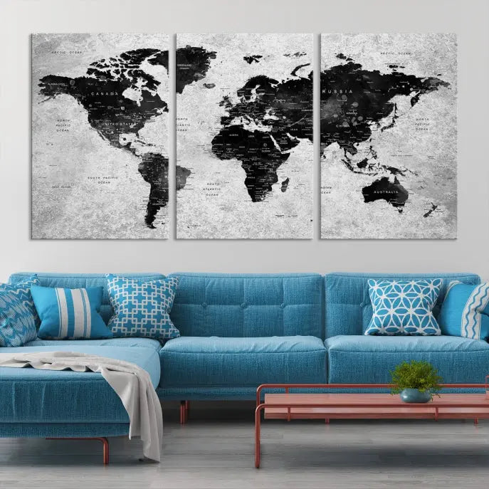 The Eye-Catching Black Push Pin World Map Wall Art Travel Map Canvas Print adorns the wall, bringing gallery-wrapped elegance to your living space.