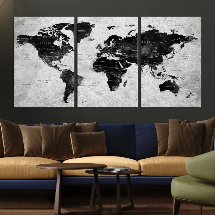 The Eye-Catching Black Push Pin World Map Wall Art Travel Map Canvas Print adorns the wall, bringing gallery-wrapped elegance to your living space.