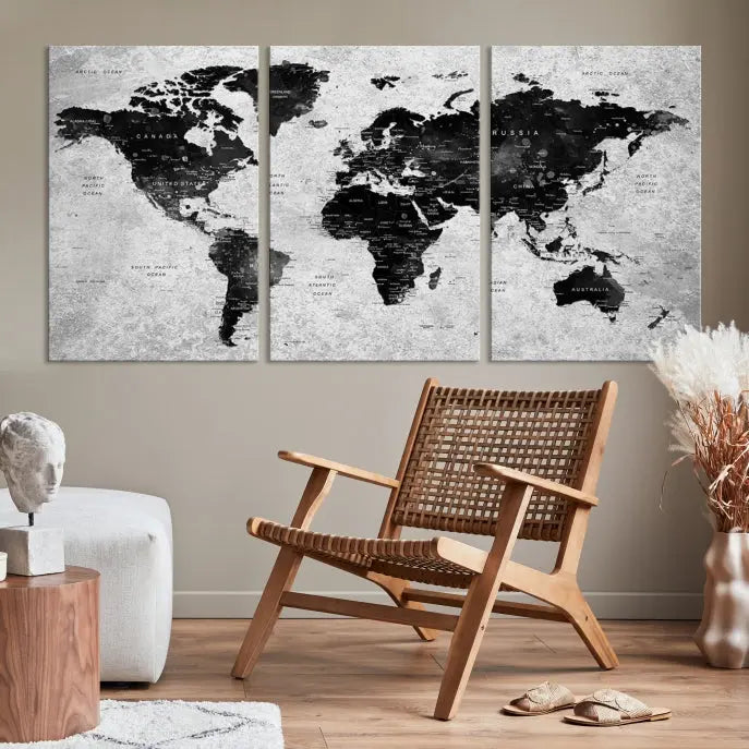 The Eye-Catching Black Push Pin World Map Wall Art Travel Map Canvas Print adorns the wall, bringing gallery-wrapped elegance to your living space.