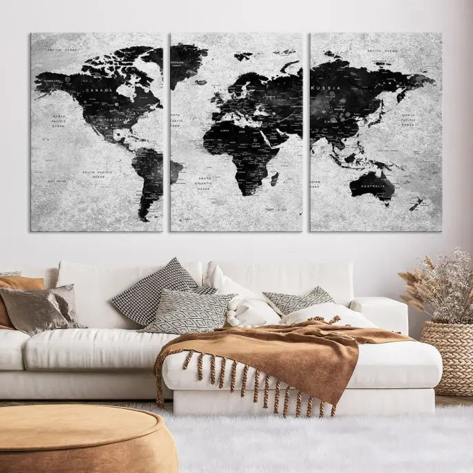 The Eye-Catching Black Push Pin World Map Wall Art Travel Map Canvas Print adorns the wall, bringing gallery-wrapped elegance to your living space.