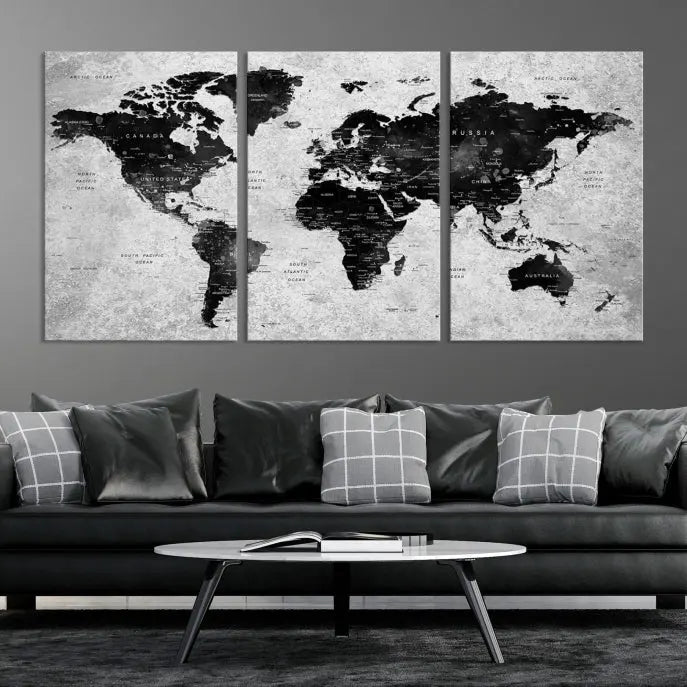 The Eye-Catching Black Push Pin World Map Wall Art Travel Map Canvas Print adorns the wall, bringing gallery-wrapped elegance to your living space.