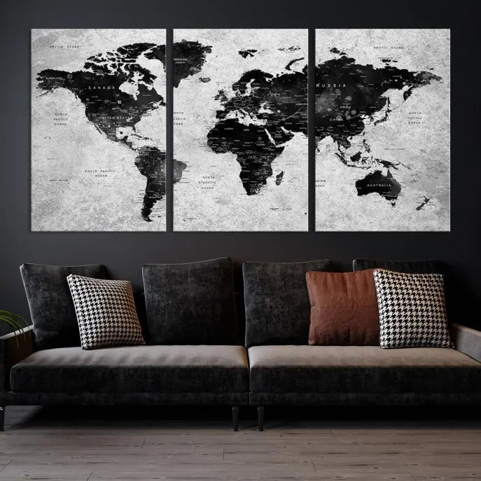 The Eye-Catching Black Push Pin World Map Wall Art Travel Map Canvas Print adorns the wall, bringing gallery-wrapped elegance to your living space.