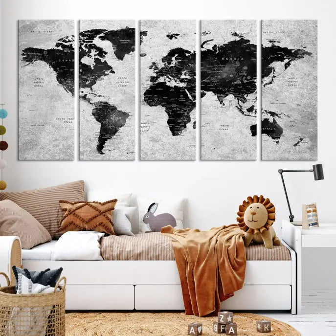 The Eye-Catching Black Push Pin World Map Wall Art Travel Map Canvas Print adorns the wall, bringing gallery-wrapped elegance to your living space.