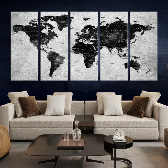 The Eye-Catching Black Push Pin World Map Wall Art Travel Map Canvas Print adorns the wall, bringing gallery-wrapped elegance to your living space.