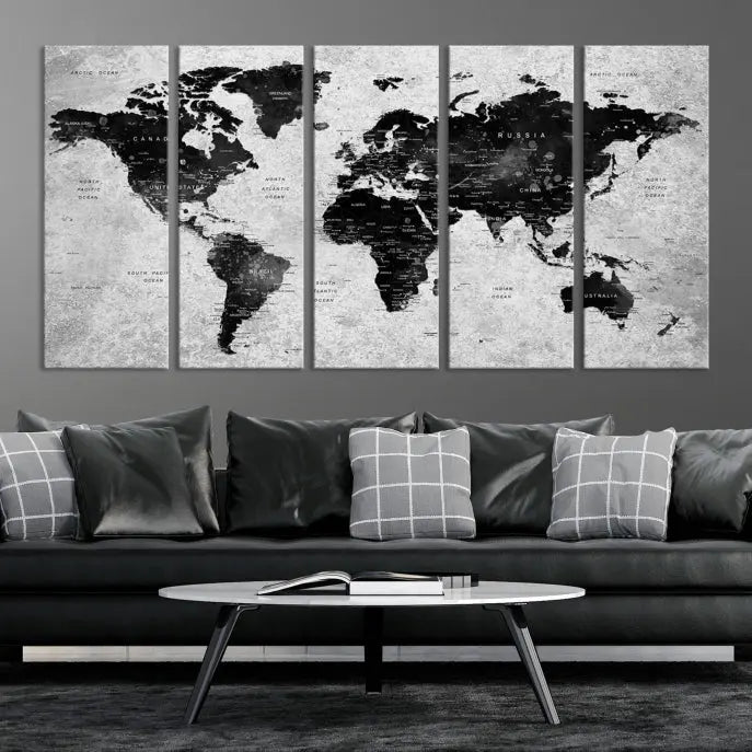 The Eye-Catching Black Push Pin World Map Wall Art Travel Map Canvas Print adorns the wall, bringing gallery-wrapped elegance to your living space.