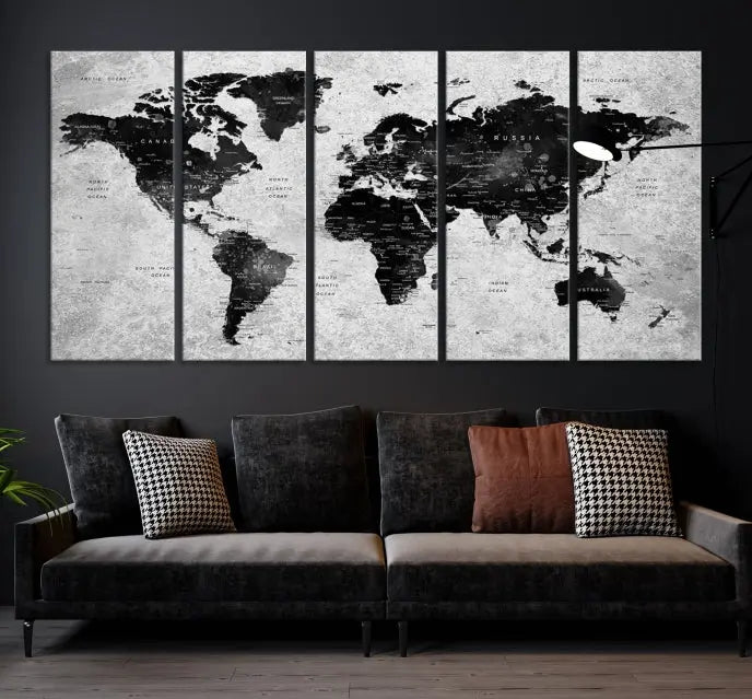 The Eye-Catching Black Push Pin World Map Wall Art Travel Map Canvas Print adorns the wall, bringing gallery-wrapped elegance to your living space.