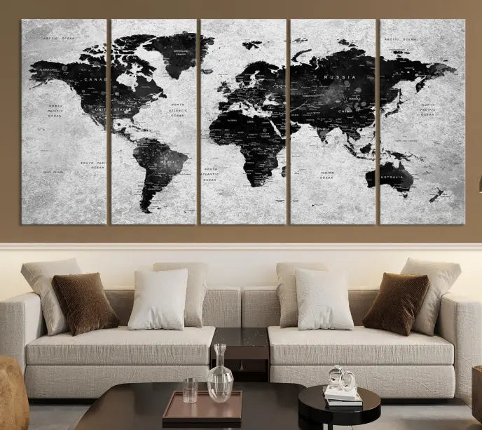 The Eye-Catching Black Push Pin World Map Wall Art Travel Map Canvas Print adorns the wall, bringing gallery-wrapped elegance to your living space.