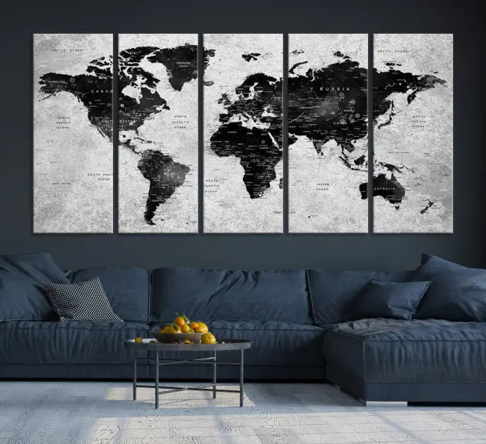 The Eye-Catching Black Push Pin World Map Wall Art Travel Map Canvas Print adorns the wall, bringing gallery-wrapped elegance to your living space.