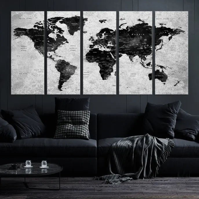 The Eye-Catching Black Push Pin World Map Wall Art Travel Map Canvas Print adorns the wall, bringing gallery-wrapped elegance to your living space.