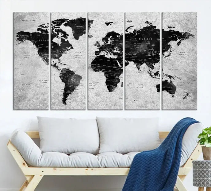 The Eye-Catching Black Push Pin World Map Wall Art Travel Map Canvas Print adorns the wall, bringing gallery-wrapped elegance to your living space.