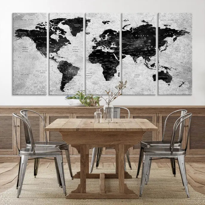 The Eye-Catching Black Push Pin World Map Wall Art Travel Map Canvas Print adorns the wall, bringing gallery-wrapped elegance to your living space.