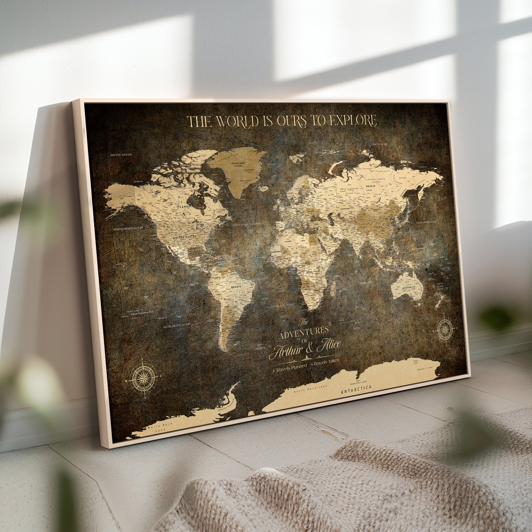 76675404-MGV-CV-36X24-Framed Push Pin World Travel Map – Canvas Wall Art for Tracking Adventures, Decorative Vintage Style Map with Pins for Home or Office - H1