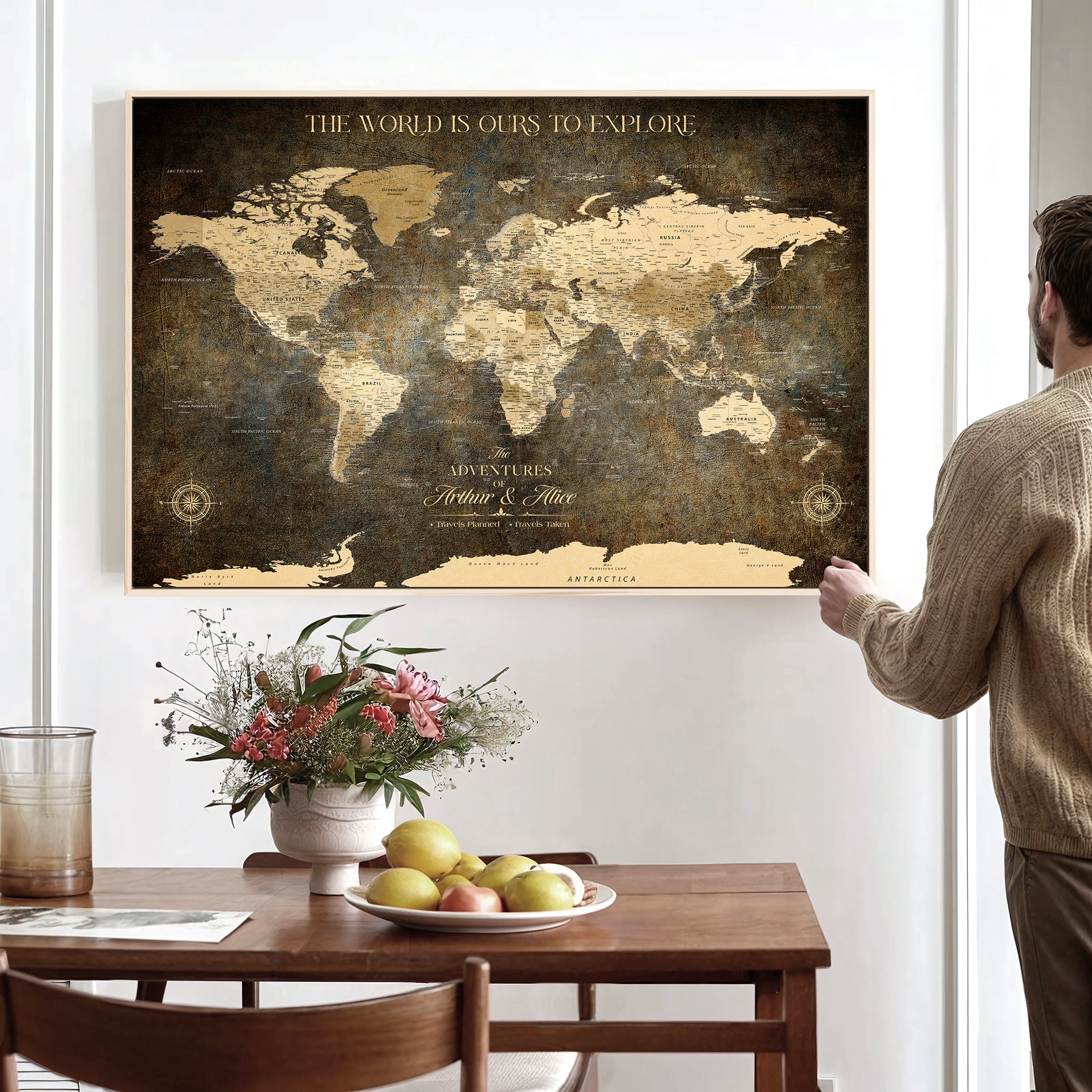 77826024S-MGV-CV-36X24-Personalized World Map Wall Art Print – Custom Push Pin Canvas Design, Framed Gift for Travel Memories, Couples or Special Occasions