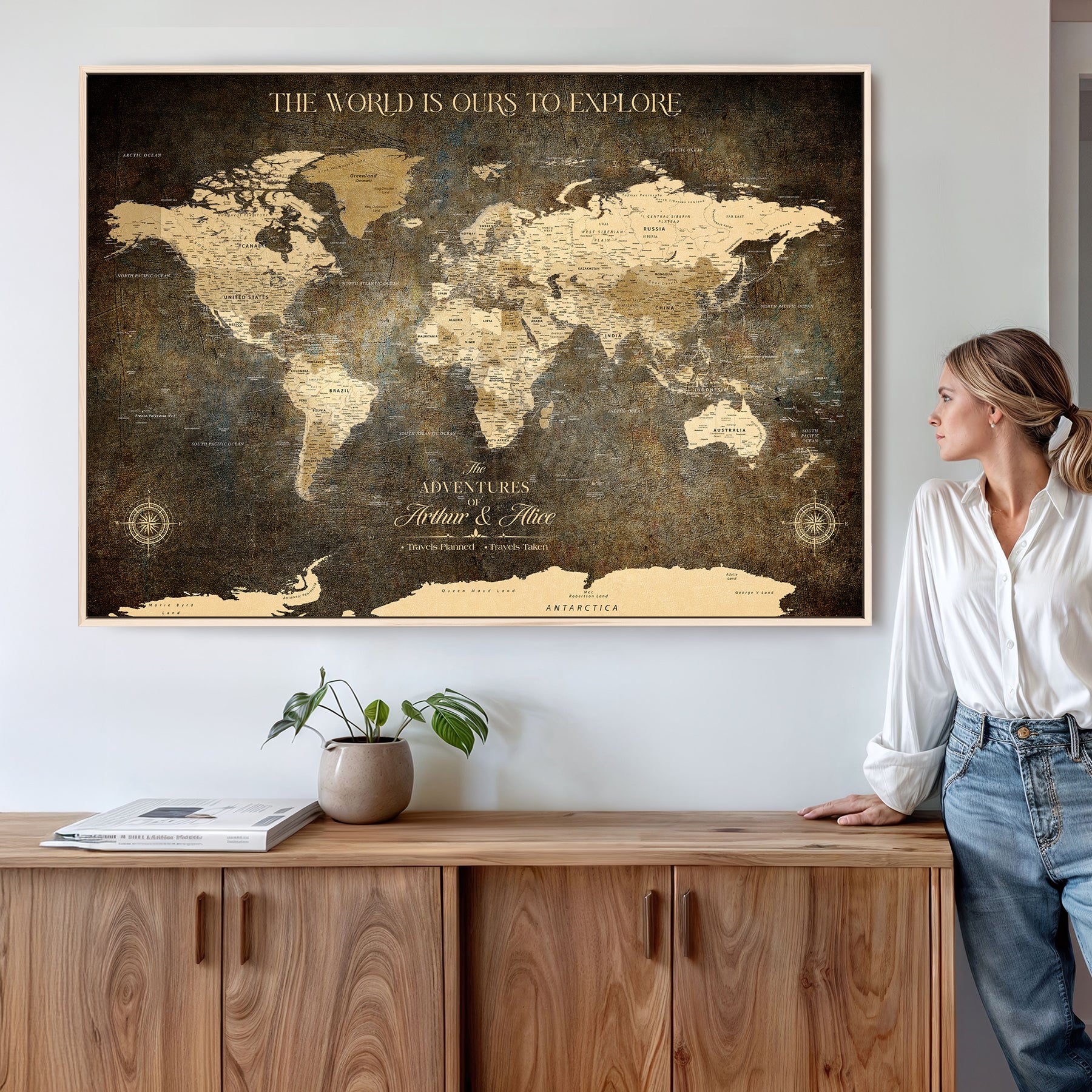 77826024S-MGV-CV-36X24-Personalized World Map Wall Art Print – Custom Push Pin Canvas Design, Framed Gift for Travel Memories, Couples or Special Occasions