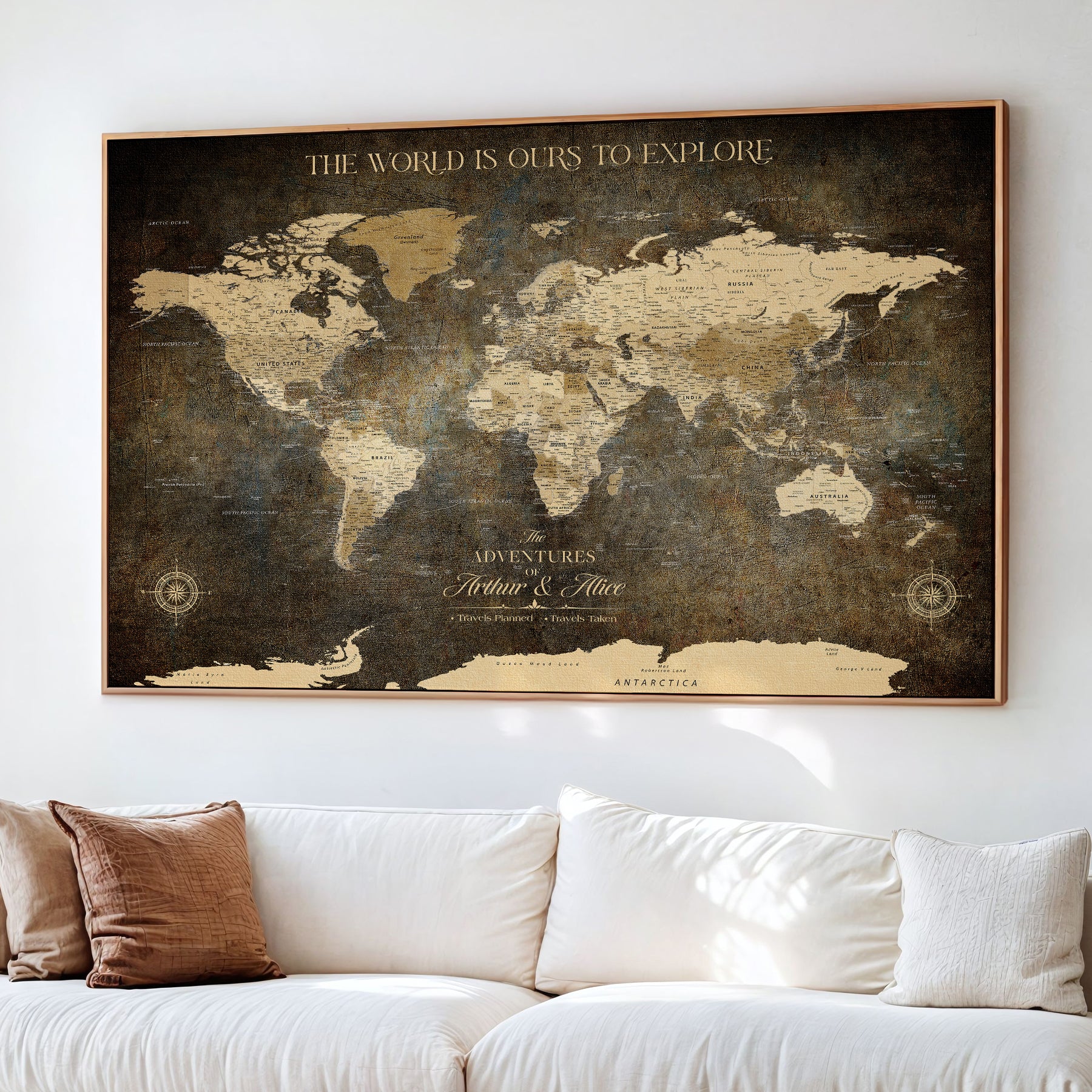 77826024S-MGV-CV-36X24-Personalized World Map Wall Art Print – Custom Push Pin Canvas Design, Framed Gift for Travel Memories, Couples or Special Occasions