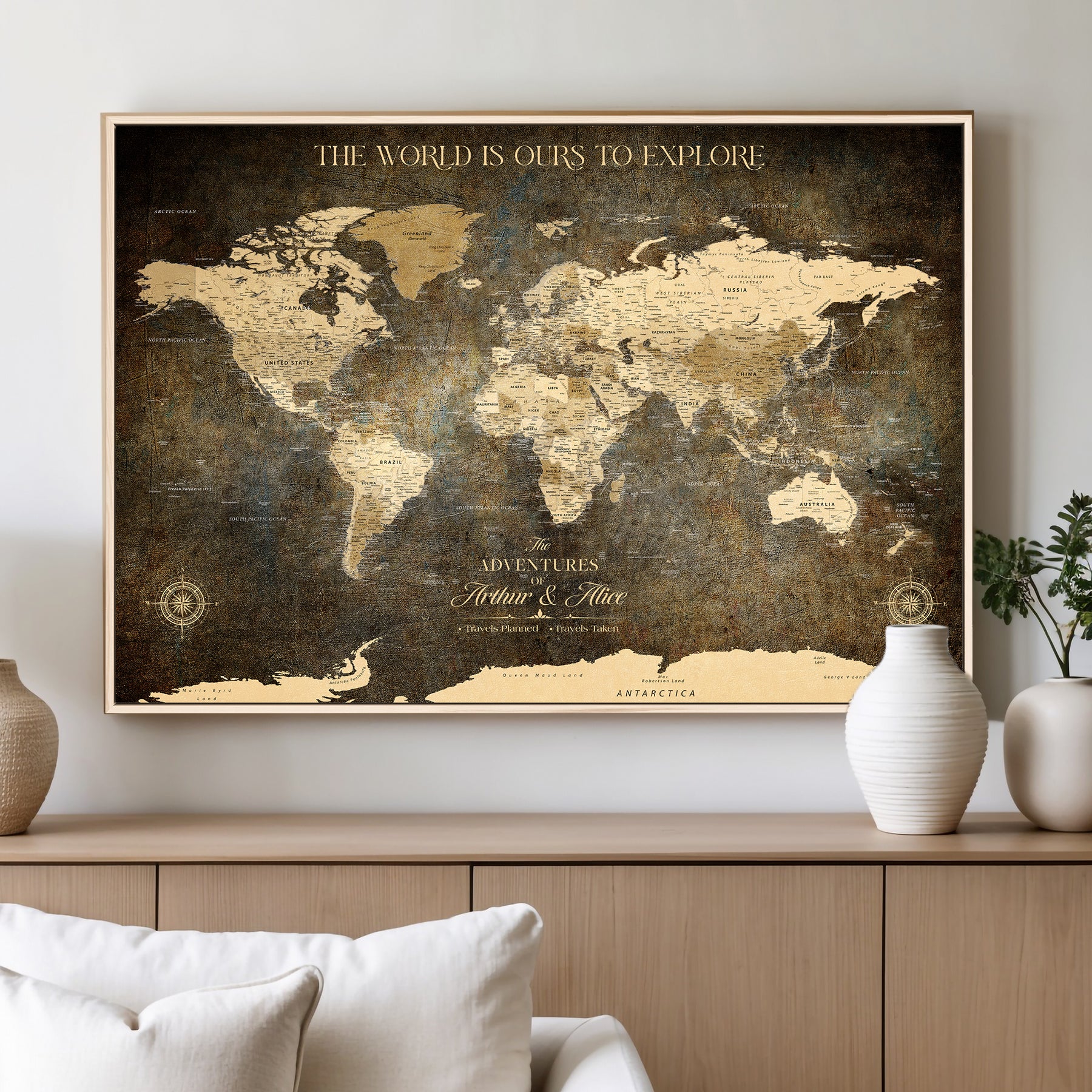 77826024S-MGV-CV-36X24-Personalized World Map Wall Art Print – Custom Push Pin Canvas Design, Framed Gift for Travel Memories, Couples or Special Occasions