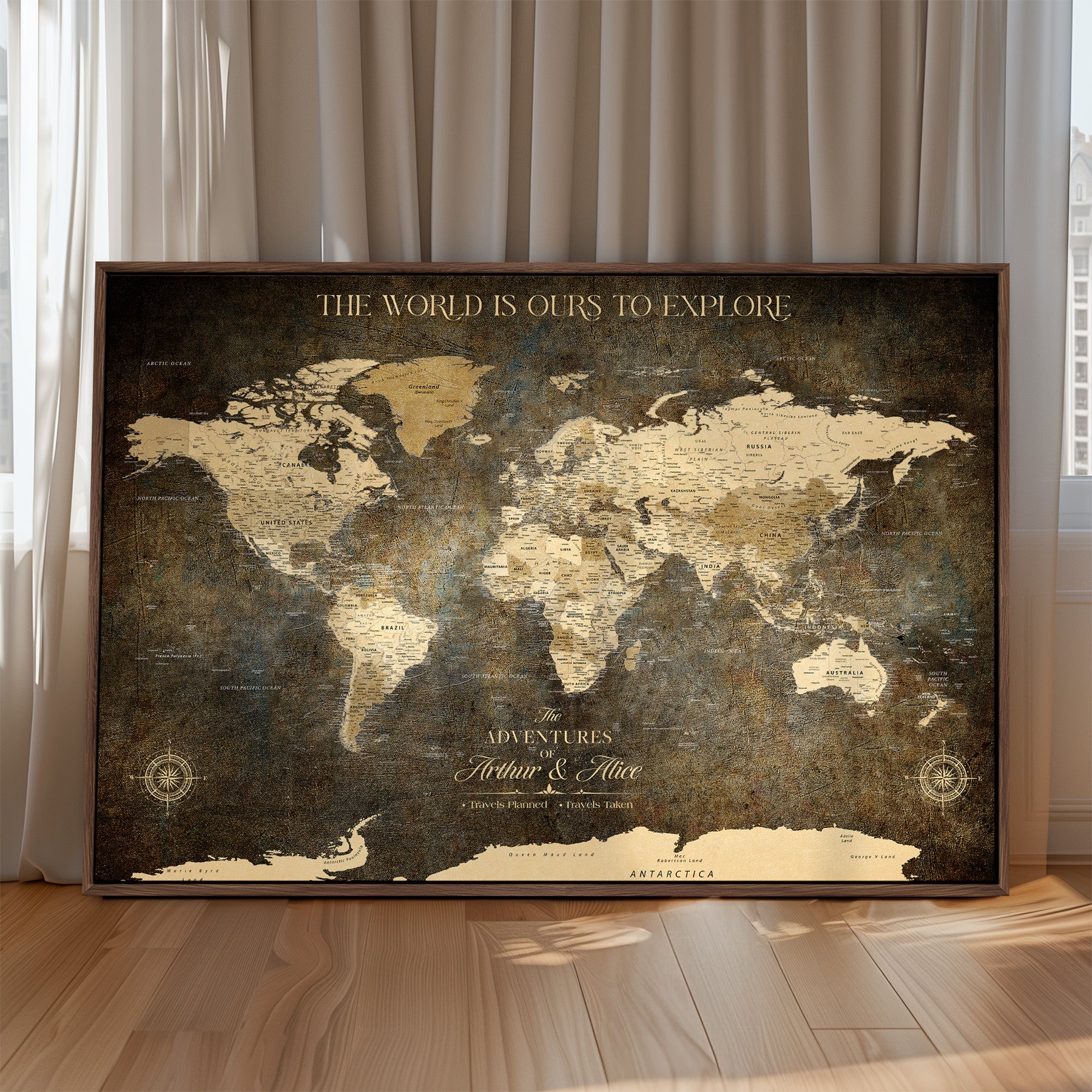 77826024S-MGV-CV-36X24-Personalized World Map Wall Art Print – Custom Push Pin Canvas Design, Framed Gift for Travel Memories, Couples or Special Occasions