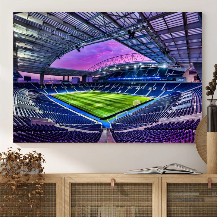 The living room showcases a wall art piece titled "FC Porto Soccer Team Print - Dragon Stadium Wall Art Canvas Print." This artwork adds character to the space by depicting a large, empty stadium under a vibrant sky. It is crafted on museum-quality canvas using high-resolution printing for exceptional detail.