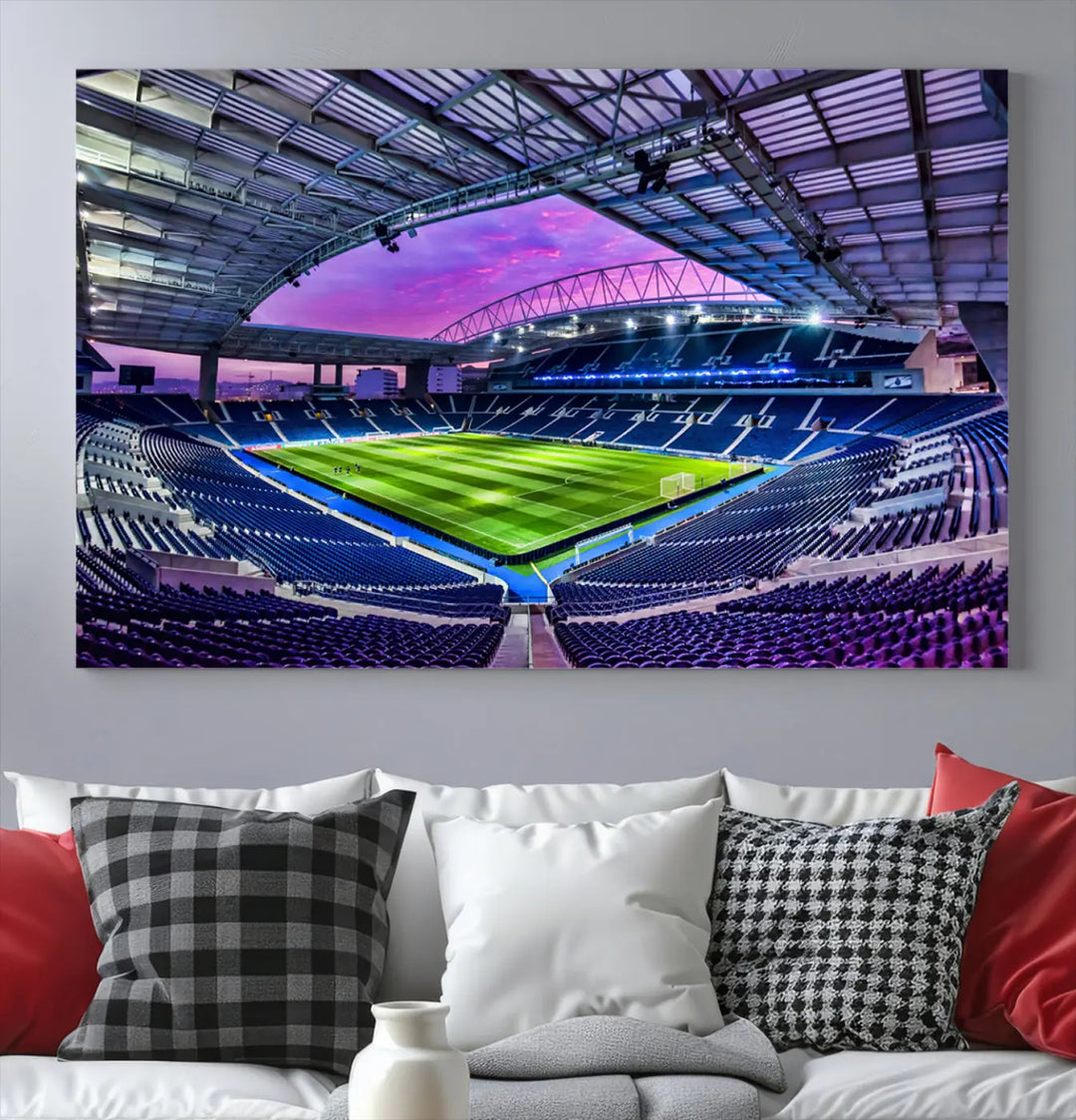 The living room showcases a wall art piece titled "FC Porto Soccer Team Print - Dragon Stadium Wall Art Canvas Print." This artwork adds character to the space by depicting a large, empty stadium under a vibrant sky. It is crafted on museum-quality canvas using high-resolution printing for exceptional detail.