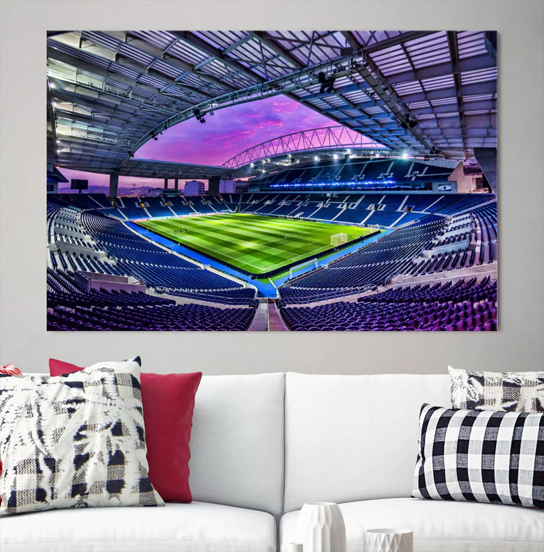 The living room showcases a wall art piece titled "FC Porto Soccer Team Print - Dragon Stadium Wall Art Canvas Print." This artwork adds character to the space by depicting a large, empty stadium under a vibrant sky. It is crafted on museum-quality canvas using high-resolution printing for exceptional detail.