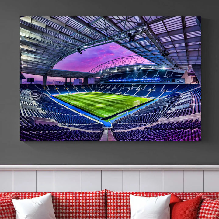 The living room showcases a wall art piece titled "FC Porto Soccer Team Print - Dragon Stadium Wall Art Canvas Print." This artwork adds character to the space by depicting a large, empty stadium under a vibrant sky. It is crafted on museum-quality canvas using high-resolution printing for exceptional detail.