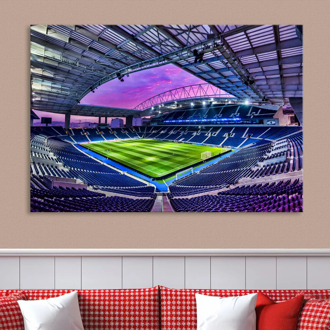 The living room showcases a wall art piece titled "FC Porto Soccer Team Print - Dragon Stadium Wall Art Canvas Print." This artwork adds character to the space by depicting a large, empty stadium under a vibrant sky. It is crafted on museum-quality canvas using high-resolution printing for exceptional detail.