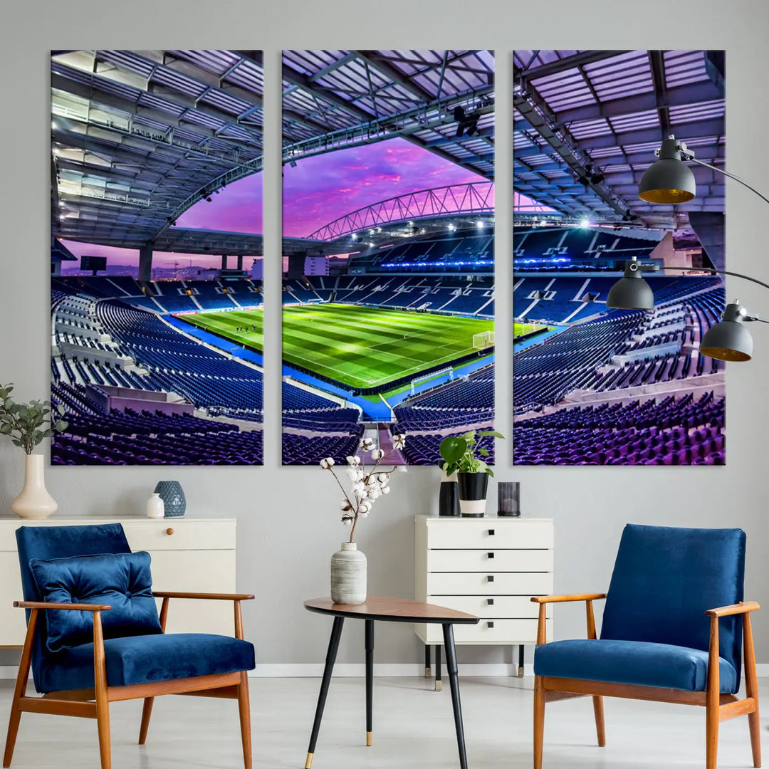 The living room showcases a wall art piece titled "FC Porto Soccer Team Print - Dragon Stadium Wall Art Canvas Print." This artwork adds character to the space by depicting a large, empty stadium under a vibrant sky. It is crafted on museum-quality canvas using high-resolution printing for exceptional detail.