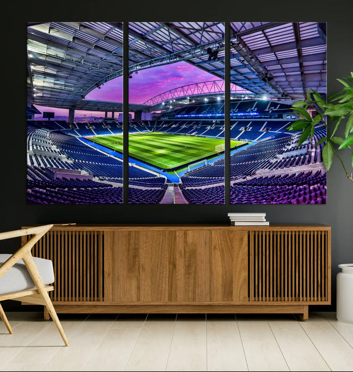 The living room showcases a wall art piece titled "FC Porto Soccer Team Print - Dragon Stadium Wall Art Canvas Print." This artwork adds character to the space by depicting a large, empty stadium under a vibrant sky. It is crafted on museum-quality canvas using high-resolution printing for exceptional detail.