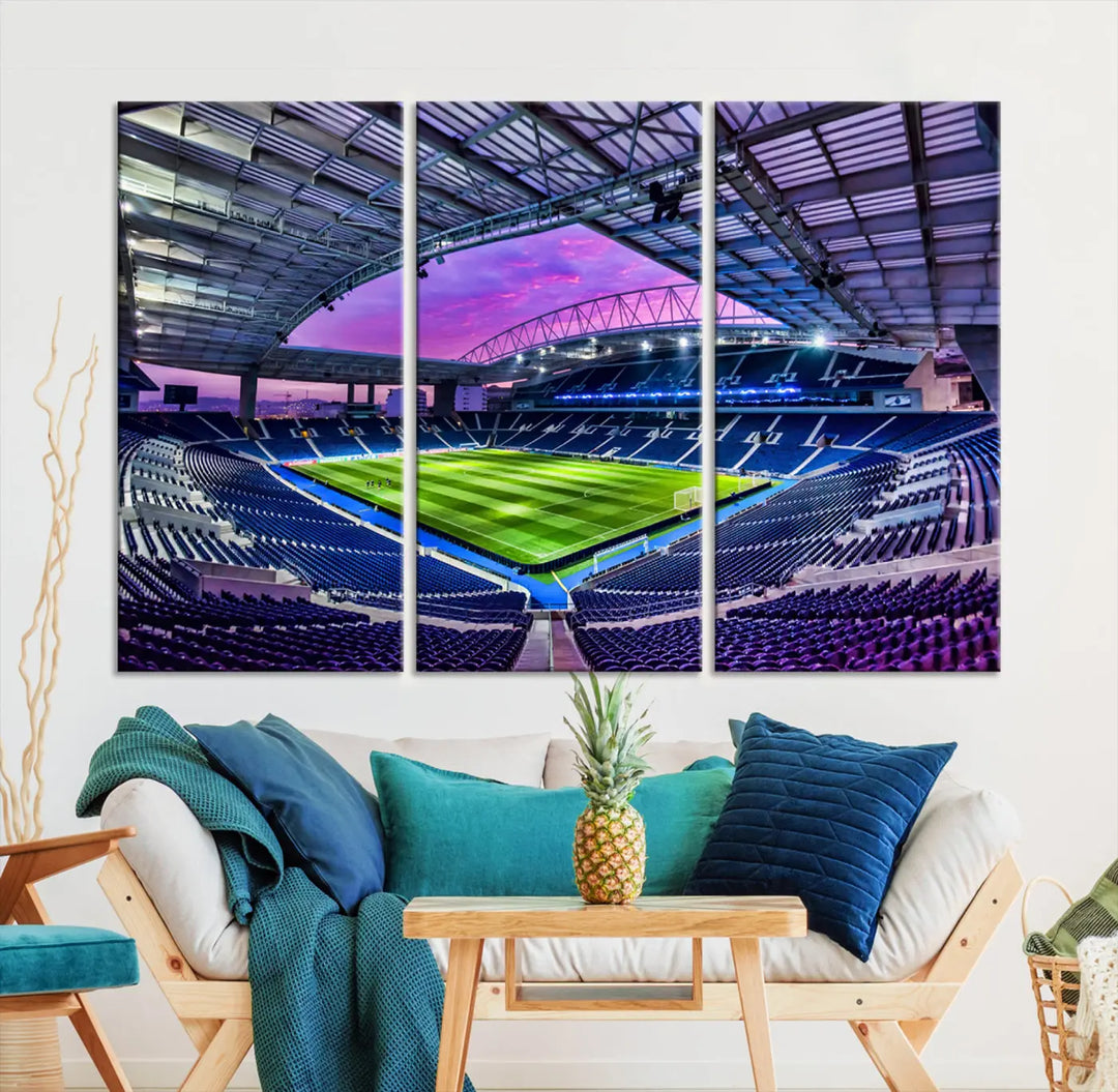 The living room showcases a wall art piece titled "FC Porto Soccer Team Print - Dragon Stadium Wall Art Canvas Print." This artwork adds character to the space by depicting a large, empty stadium under a vibrant sky. It is crafted on museum-quality canvas using high-resolution printing for exceptional detail.