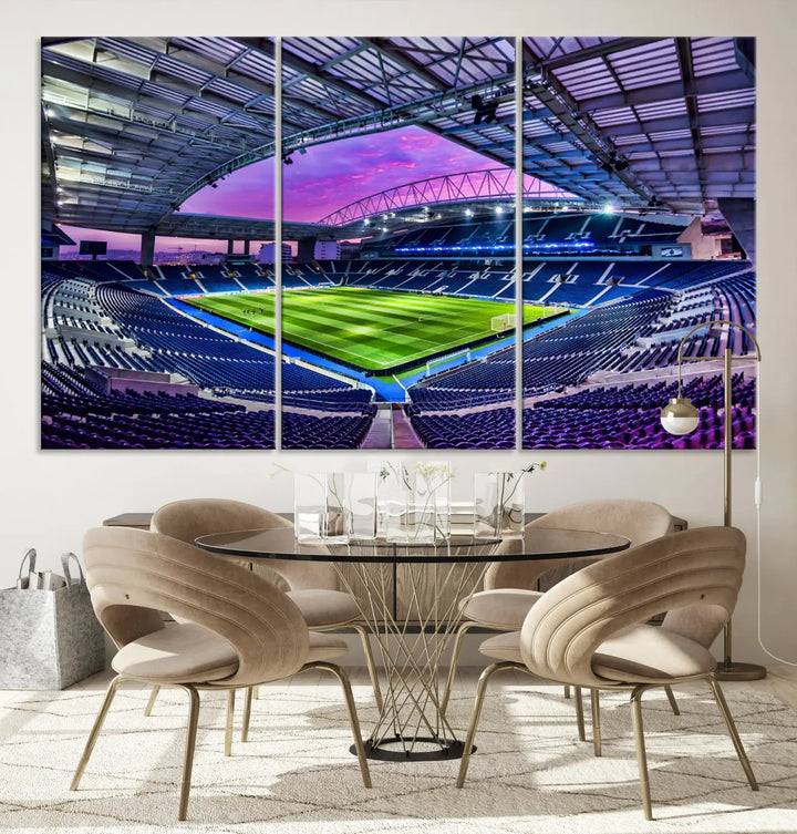 The living room showcases a wall art piece titled "FC Porto Soccer Team Print - Dragon Stadium Wall Art Canvas Print." This artwork adds character to the space by depicting a large, empty stadium under a vibrant sky. It is crafted on museum-quality canvas using high-resolution printing for exceptional detail.