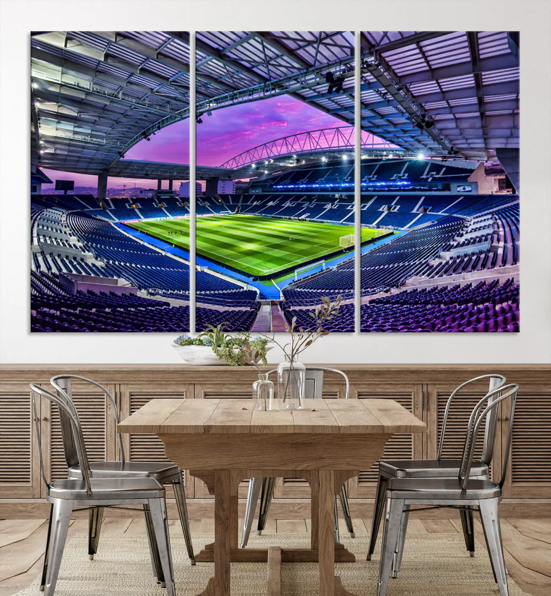 The living room showcases a wall art piece titled "FC Porto Soccer Team Print - Dragon Stadium Wall Art Canvas Print." This artwork adds character to the space by depicting a large, empty stadium under a vibrant sky. It is crafted on museum-quality canvas using high-resolution printing for exceptional detail.