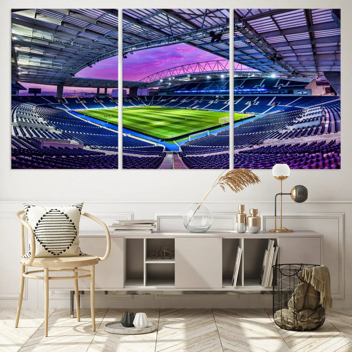 The living room showcases a wall art piece titled "FC Porto Soccer Team Print - Dragon Stadium Wall Art Canvas Print." This artwork adds character to the space by depicting a large, empty stadium under a vibrant sky. It is crafted on museum-quality canvas using high-resolution printing for exceptional detail.