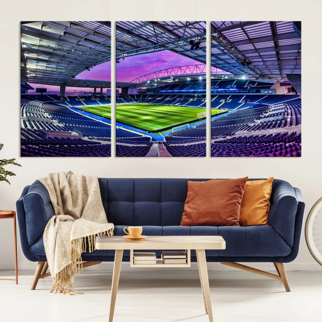 The living room showcases a wall art piece titled "FC Porto Soccer Team Print - Dragon Stadium Wall Art Canvas Print." This artwork adds character to the space by depicting a large, empty stadium under a vibrant sky. It is crafted on museum-quality canvas using high-resolution printing for exceptional detail.