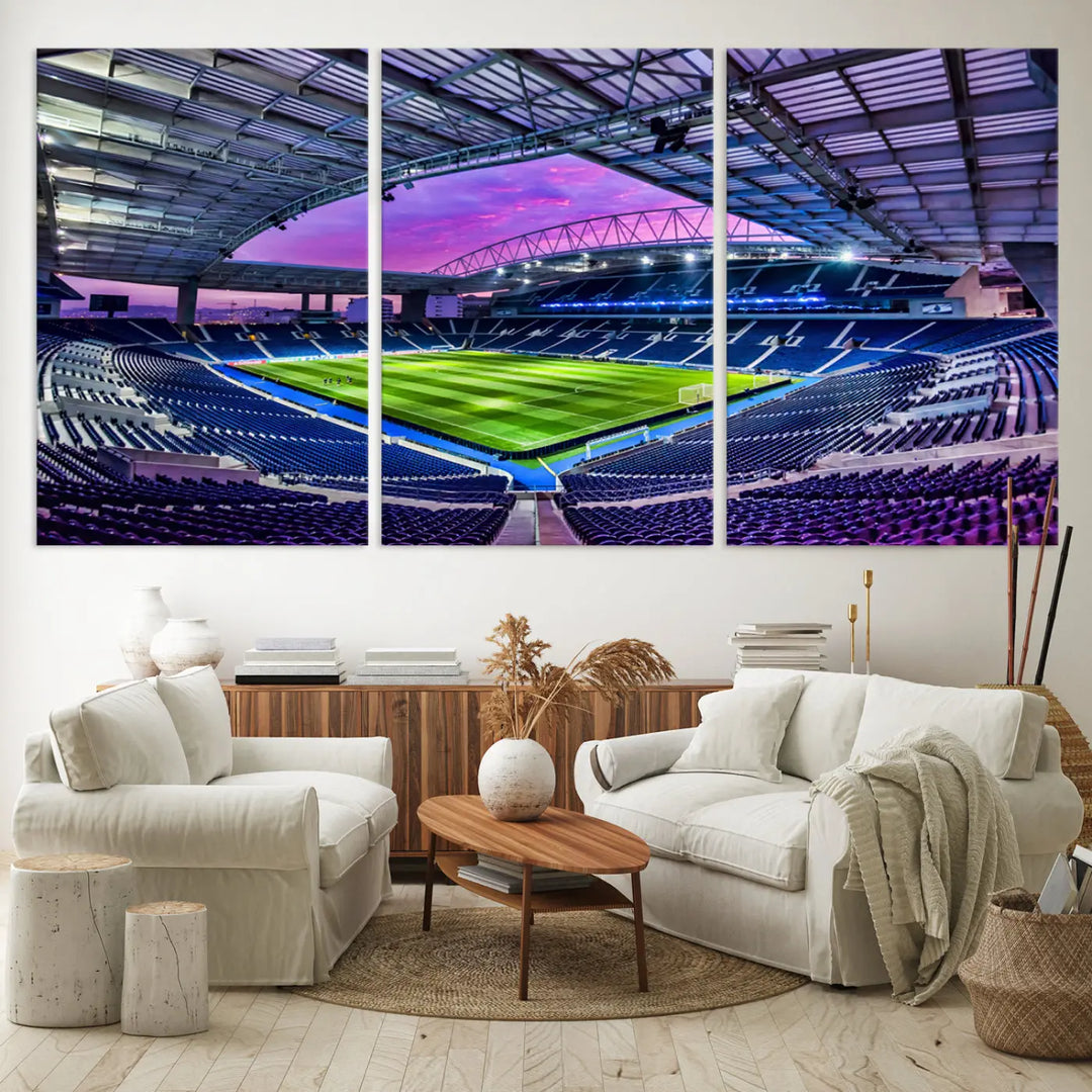 The living room showcases a wall art piece titled "FC Porto Soccer Team Print - Dragon Stadium Wall Art Canvas Print." This artwork adds character to the space by depicting a large, empty stadium under a vibrant sky. It is crafted on museum-quality canvas using high-resolution printing for exceptional detail.