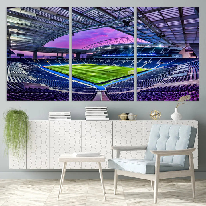 The living room showcases a wall art piece titled "FC Porto Soccer Team Print - Dragon Stadium Wall Art Canvas Print." This artwork adds character to the space by depicting a large, empty stadium under a vibrant sky. It is crafted on museum-quality canvas using high-resolution printing for exceptional detail.