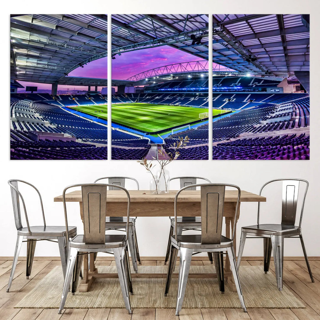 The living room showcases a wall art piece titled "FC Porto Soccer Team Print - Dragon Stadium Wall Art Canvas Print." This artwork adds character to the space by depicting a large, empty stadium under a vibrant sky. It is crafted on museum-quality canvas using high-resolution printing for exceptional detail.