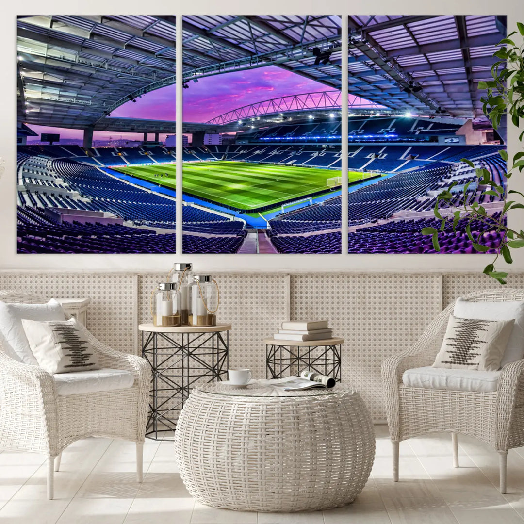 The living room showcases a wall art piece titled "FC Porto Soccer Team Print - Dragon Stadium Wall Art Canvas Print." This artwork adds character to the space by depicting a large, empty stadium under a vibrant sky. It is crafted on museum-quality canvas using high-resolution printing for exceptional detail.