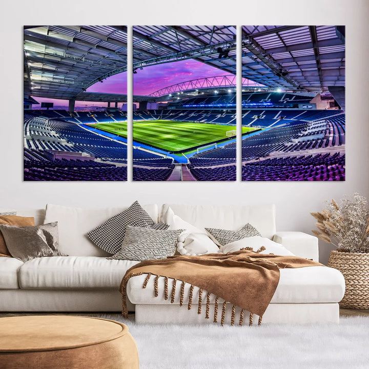 The living room showcases a wall art piece titled "FC Porto Soccer Team Print - Dragon Stadium Wall Art Canvas Print." This artwork adds character to the space by depicting a large, empty stadium under a vibrant sky. It is crafted on museum-quality canvas using high-resolution printing for exceptional detail.