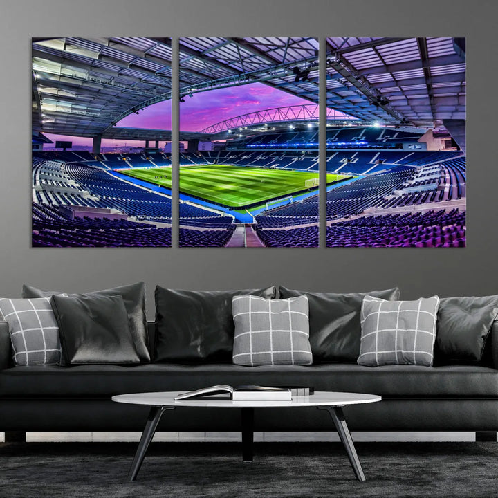 The living room showcases a wall art piece titled "FC Porto Soccer Team Print - Dragon Stadium Wall Art Canvas Print." This artwork adds character to the space by depicting a large, empty stadium under a vibrant sky. It is crafted on museum-quality canvas using high-resolution printing for exceptional detail.